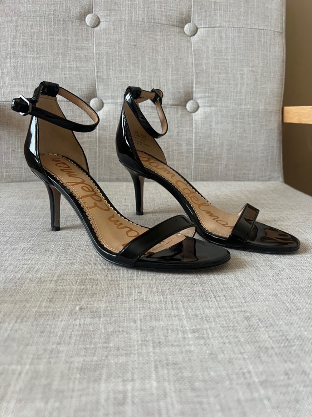 Sam Edelman Black Patent Ankle-Strap Stiletto Sandals. Womens Size 6.5.